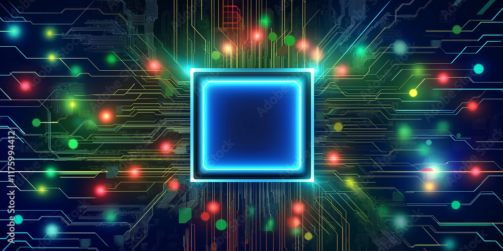 Poster Cpu is processing data on motherboard with colorful lights and circuit paths