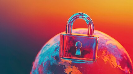 anti tracking settings concept. A digital padlock symbolizes security and protection over a stylized globe, representing global cybersecurity and privacy in a vibrant, gradient background.
