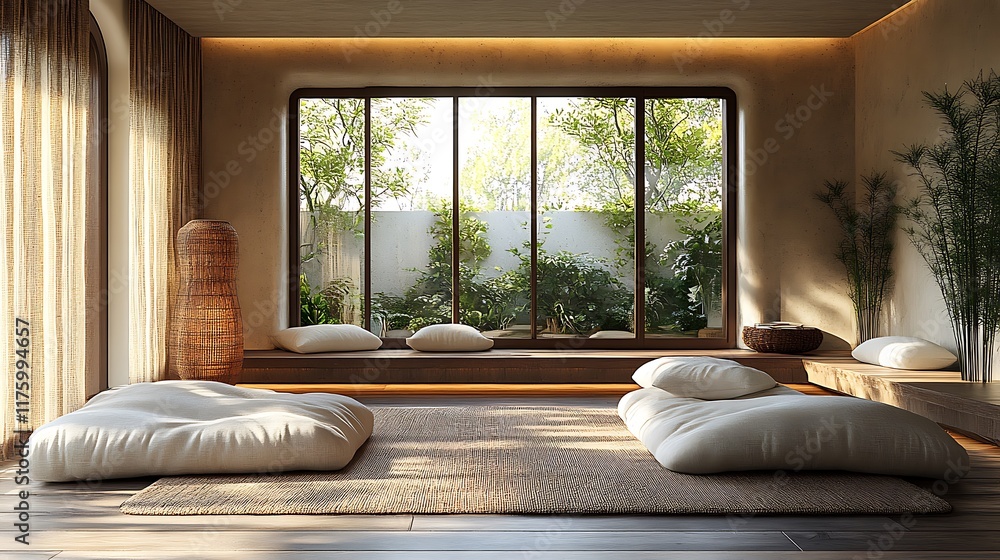 Poster serene meditation space with soft lighting flowing fabrics and minimalist dcor the setting should pr