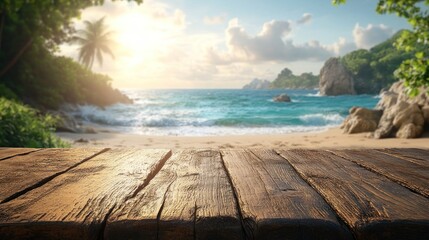 Fototapeta premium A serene beach scene at sunset with a wooden foreground and tropical landscape.