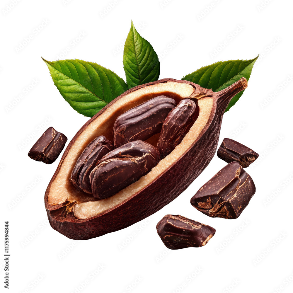 Poster cocoa pod with chocolate pieces and fresh leaves isolated on a black background, cocoa isolated on a