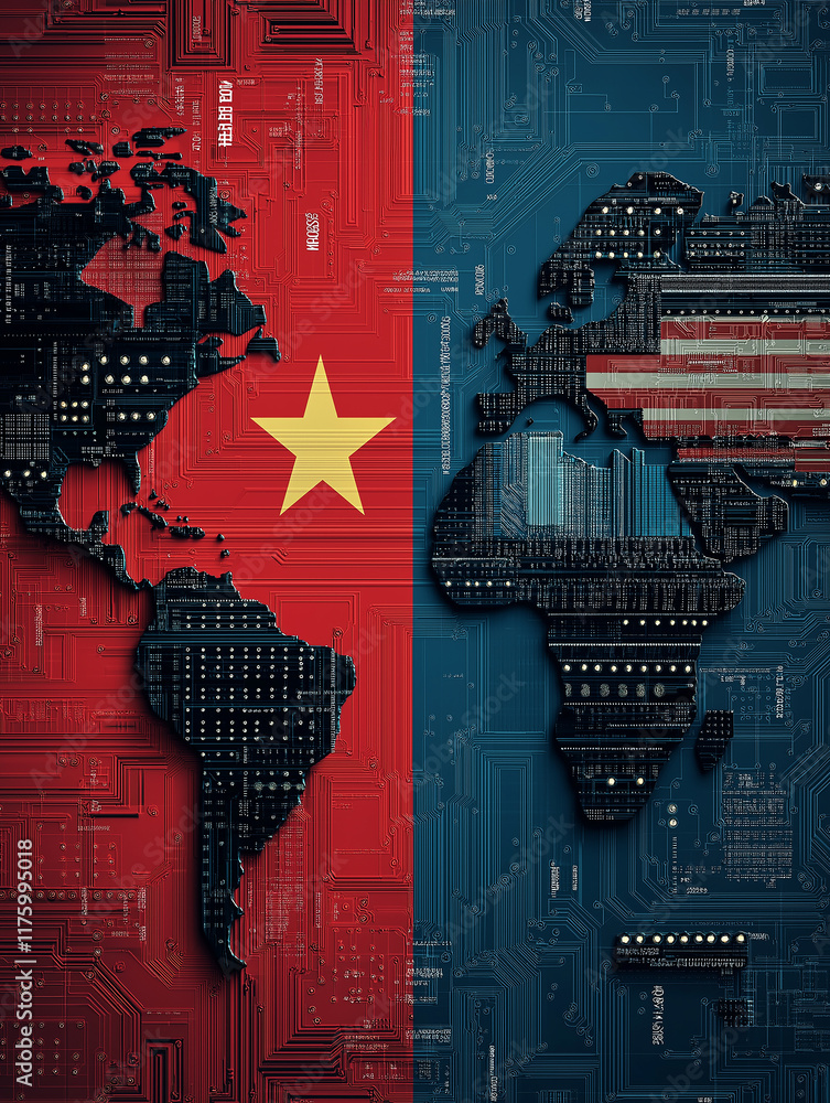 Poster vietnam and usa flags over world map with electronic circuit design, representing technological comp