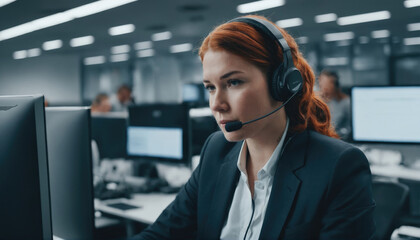Professional woman wearing a headset working diligently at a computer in a modern office environment during the day