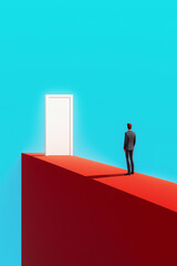 Businessman walking on a red ramp looking at a white door on a blue background