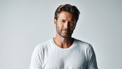 Obraz premium Man with casual style poses for a portrait showcasing confidence and charisma in a simple white t-shirt against a neutral background