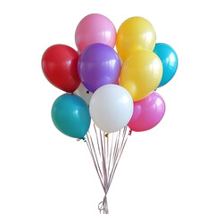 Colorful assortment of balloons floating together on a transparent background ready for a celebration or event, multi colored balloons isolated on transparent background