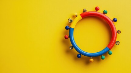 Fototapeta premium Colorful baby rattle toy on yellow background.