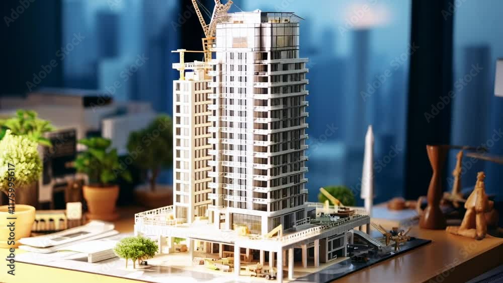 Poster miniature building model representing a contemporary high rise structure being built, showcasing met