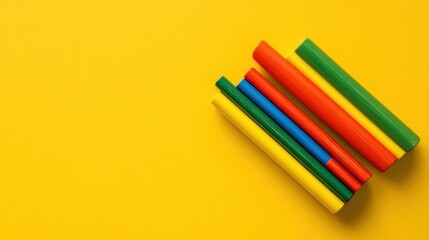 Colorful cylindrical objects arranged on yellow background.