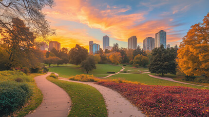 Obraz premium Peaceful City Park at Sunset in Autumn, with Trees Adorned in Golden and Crimson Leaves, Winding Paths Covered in Fallen Foliage, and the Sky Ablaze with Sunset Colors, Framed by Sleek City Buildings