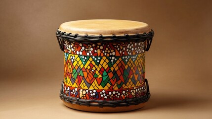 Colorful hand drum with geometric pattern.
