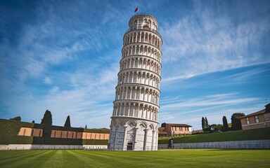 Leaning Tower of Pisa, Leaning Tower of Pisa under a vibrant blue sky.