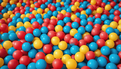 Obraz premium Colorful collection of ball pit balls in vibrant shades of red, blue, and yellow scattered across a play area