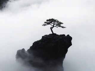霧の中に立つ孤高の松の木と岩の風景