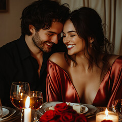 Smiling couple sharing an intimate candlelit dinner, surrounded by romantic decor with roses and wine, capturing the warmth of love and connection on Valentine&rsquo;s Day. Generative AI.