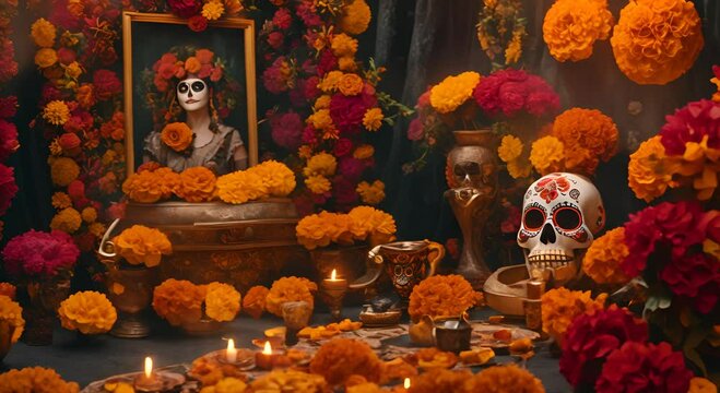 Attending a Dia de los Muertos celebration November 2nd colorful altars and marigold flowers hyperrealistic photo Video 4K