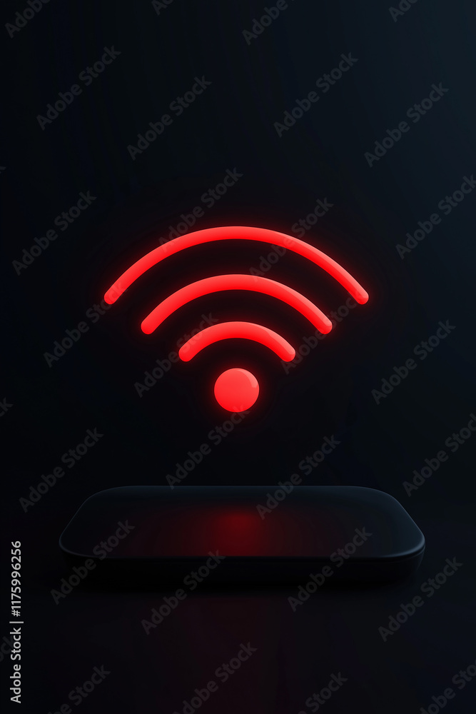 Poster Red wi-fi symbol floating above device in dark environment representing wireless network hotspot