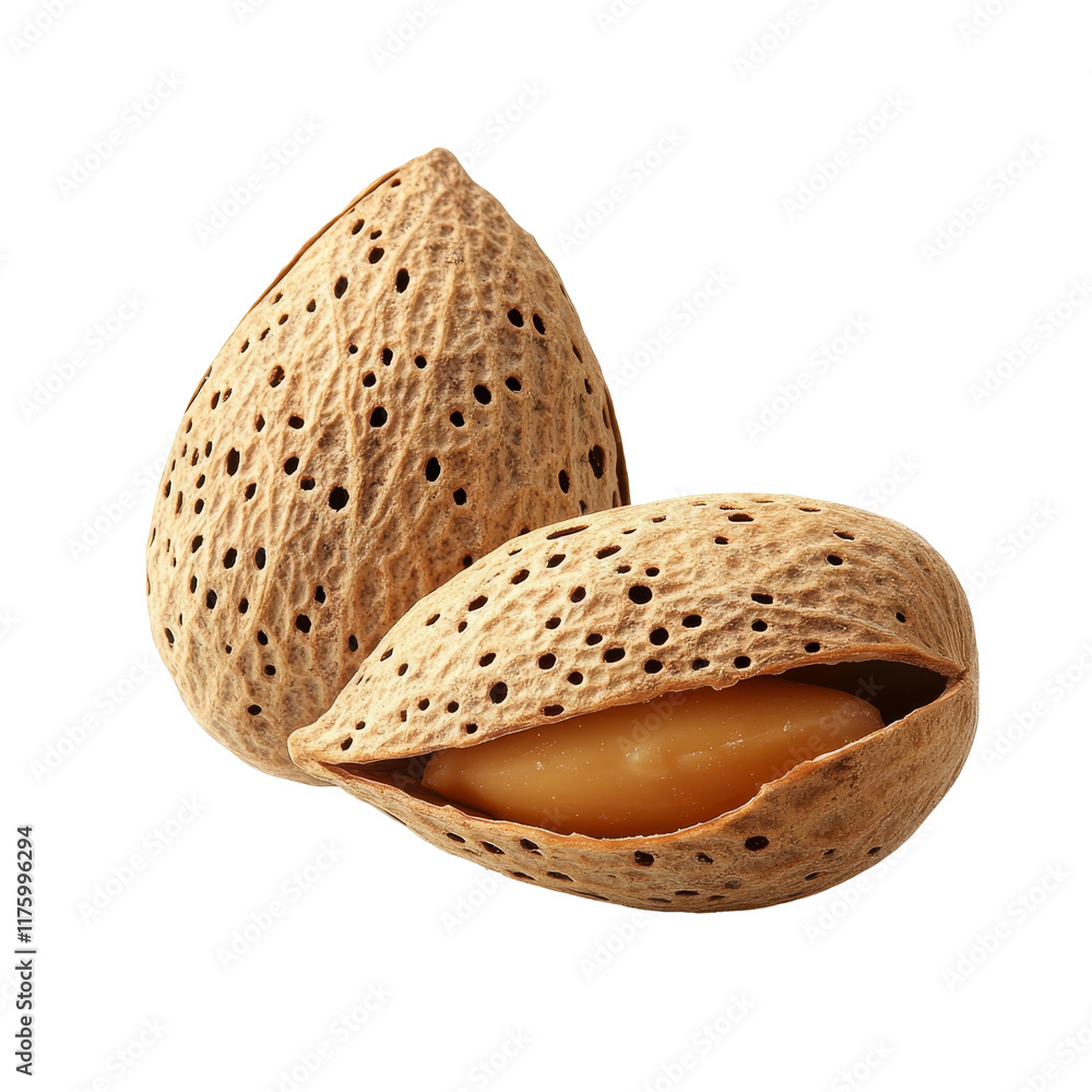 Poster Almond nuts in their natural shell isolated on a clean transparent background for visual clarity, almonds nut in shell isolated on transparent background