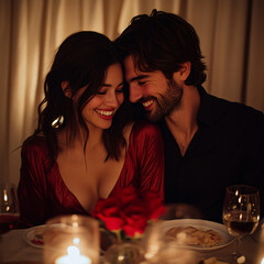 Smiling couple sharing an intimate candlelit dinner, surrounded by romantic decor with roses and wine, capturing the warmth of love and connection on Valentine&rsquo;s Day. Generative AI.