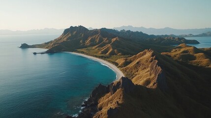 Fototapeta premium Aerial view of a secluded beach nestled between dramatic, sunlit mountains and a tranquil ocean.
