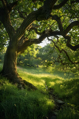 Peaceful Meadow with Majestic Oak Tree and Winding Brook, Highlighting Nature's Strength and Tranquility