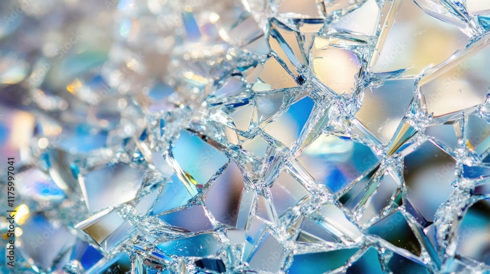 Poster close-up of shattered glass with iridescent reflections creating a beautiful abstract background, sh