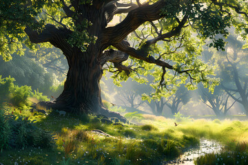 Fototapeta premium Peaceful Meadow with Majestic Oak Tree and Winding Brook, Highlighting Nature's Strength and Tranquility
