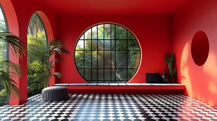 Red Room Oval Window Tropical Plants Checkered Floor