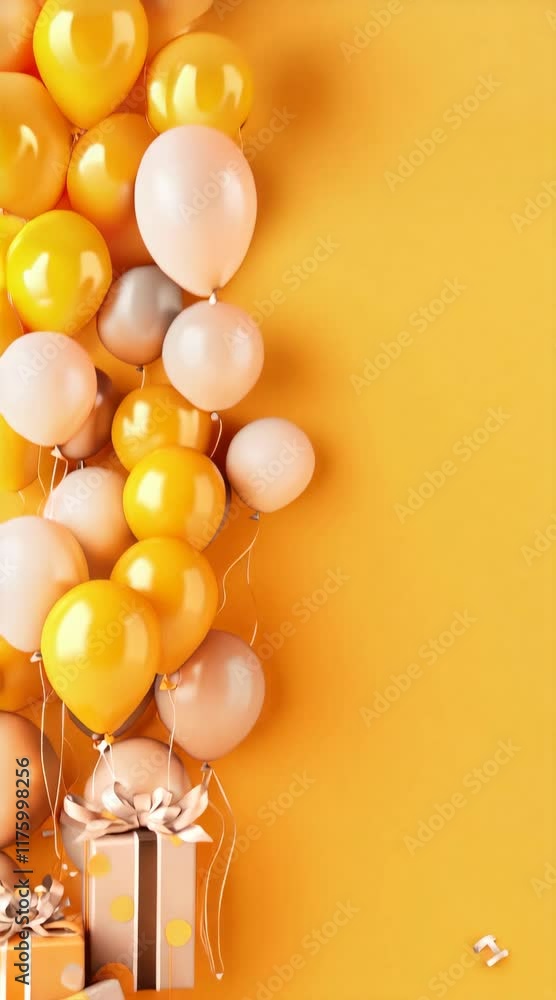 Poster orange and gray balloons are lifting gifts wrapped with matching wrapping paper on an orange backgro