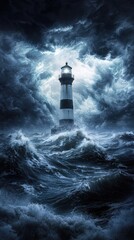 Fototapeta premium Lighthouse guiding ships through stormy sea at night. Website banner, travel brochure.