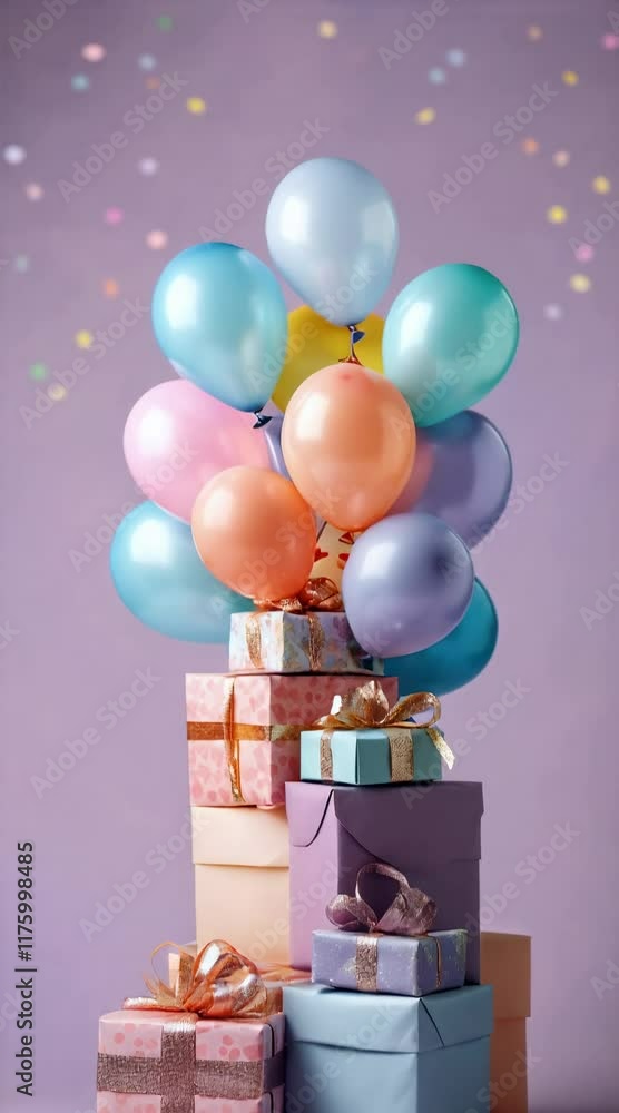 Poster pastel colored balloons floating over a stack of gift boxes with colorful confetti falling against a
