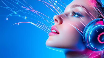 Vibrant woman with headphones enjoying music in neon setting