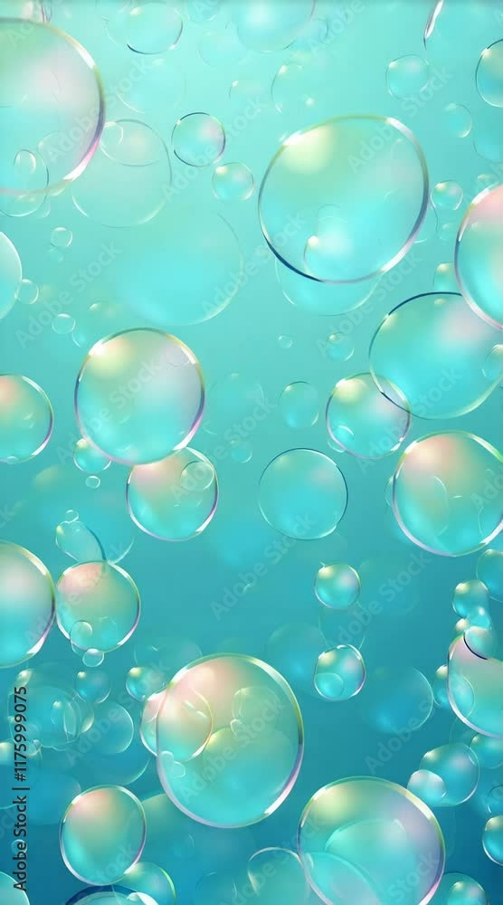 Poster soap bubbles of various sizes, some with iridescent highlights, float gently against a turquoise bac