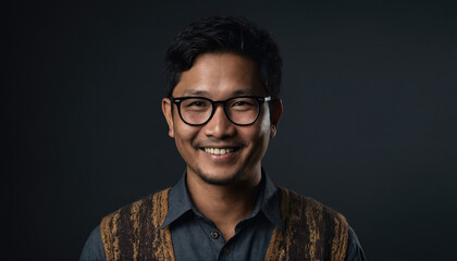 Obraz premium Young man wearing glasses and a traditional vest smiles while posing against a dark background