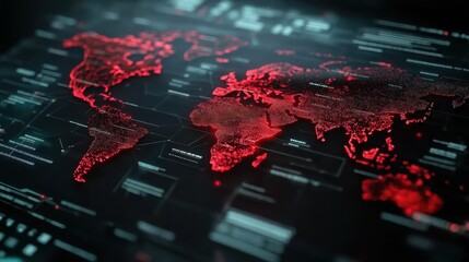 A digital world map with glowing red data points, symbolizing global connectivity and cyber networks in a high-tech landscape.