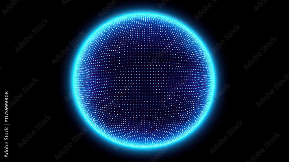 Poster blue glowing sphere consisting of dots. modern frame elements. technological mesh of the sphere