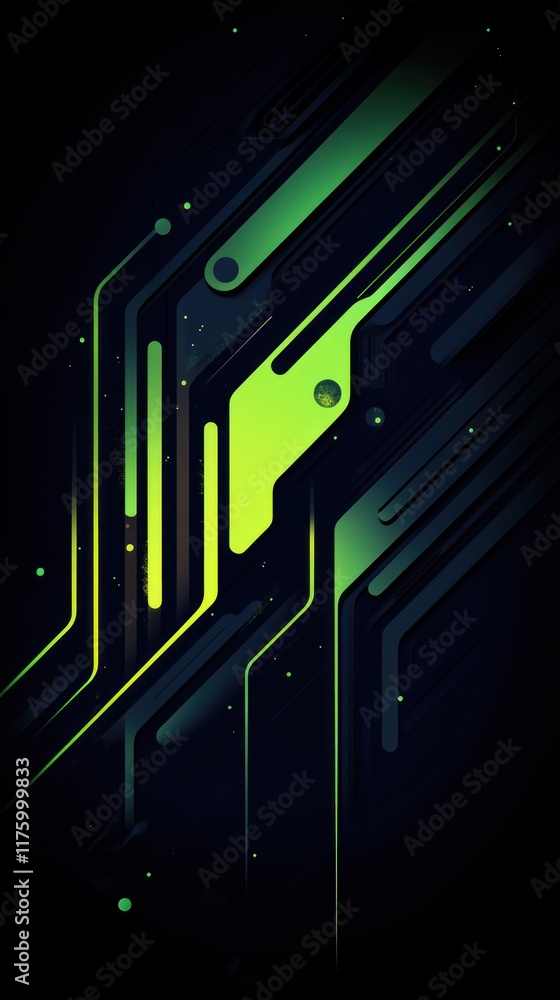 Poster abstract digital background with vibrant green lines and dynamic shapes on a dark backdrop, ideal fo