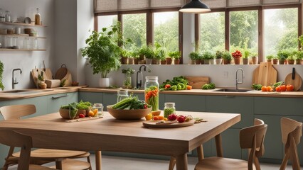 Obraz premium Rustic kitchen scene featuring fresh vegetables and herbs. Bright colors and natural textures enhance inviting ambiance. Great for culinary art, home cooking, and organic lifestyle visuals.