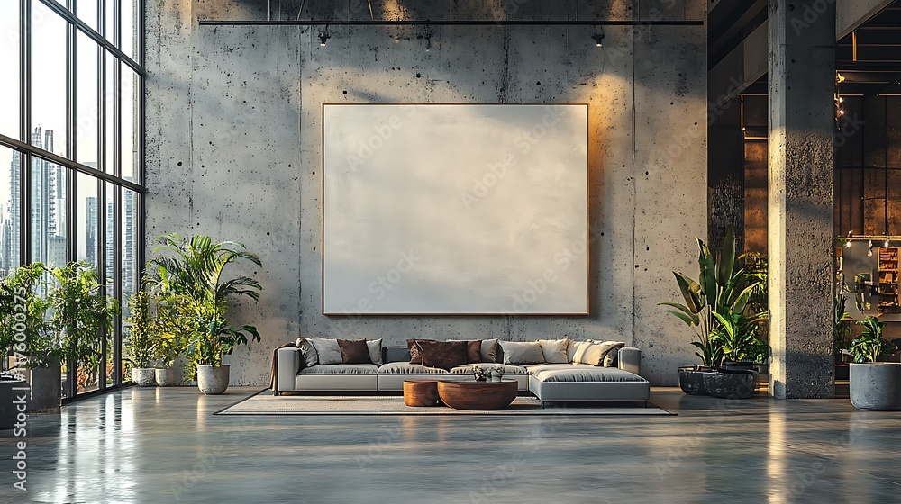 Poster modern interior a large blank white canvas on a concrete wall reflecting floor and geometric ceiling