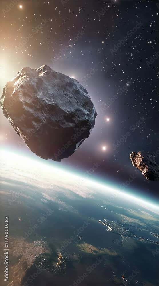 Poster Two massive asteroids hurtling towards planet earth from the depths of space, signaling a potential extinction level event and looming global catastrophe