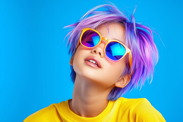 Child with bright hair and cool sunglasses on blue