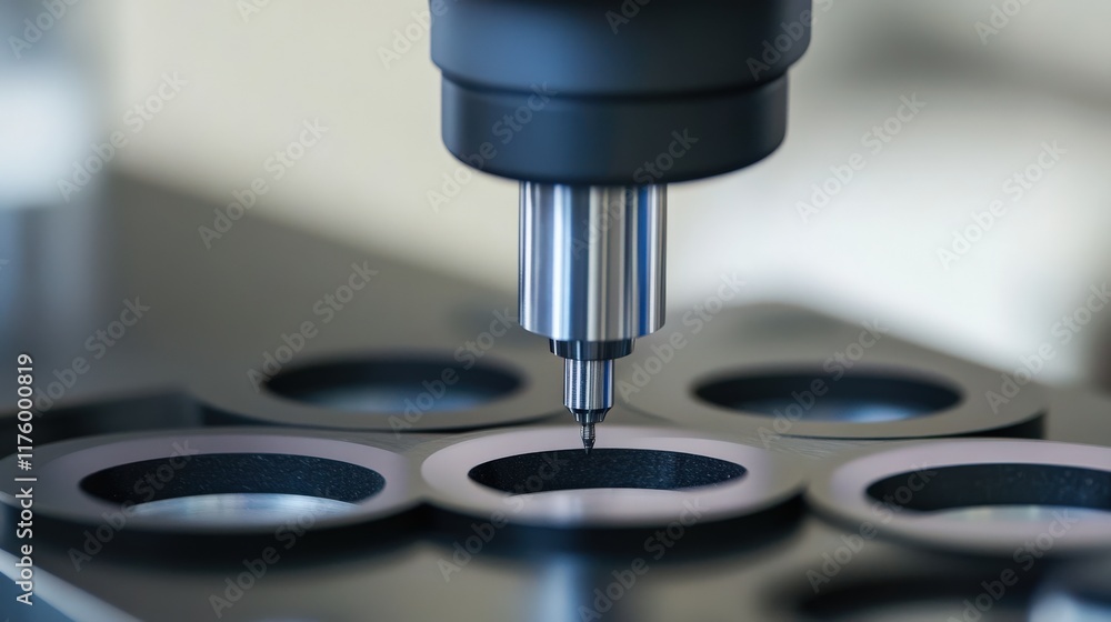 Poster precision measuring instrument in laboratory setting focusing on a probe and sample holder for quali