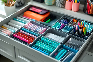 Organized desk drawer with colorful stationery, pens, pencils, and office supplies neatly arranged in compartments.