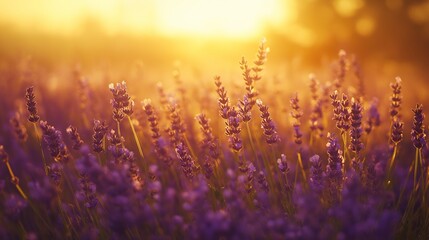 lavender field at sunset, with golden light bathing the blooming purple flowers and the air filled with a dreamy haze