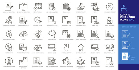 Loan and financing thin line icon set. Financial services, credit solutions, bank money mortgage editable stroke graphic elements