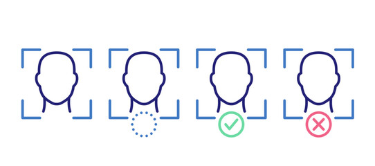 Facial Recognition Icon Set. Identification and Biometric Security. Facial  Scanning, Detection, Verification, and Identification States. Editable thin line elements