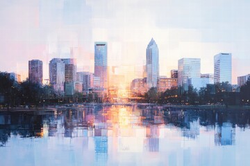 Obraz premium City skyline sunrise reflection, urban landscape, tranquil water, morning light, cityscape.