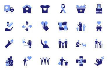 Volunteering and charity flat icon set. Humanitarian and global causes, animal welfare, social responsibility and donations vector graphic elements