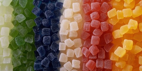 Colorful Candy Cubes Arranged in Stripes on a Flat Surface