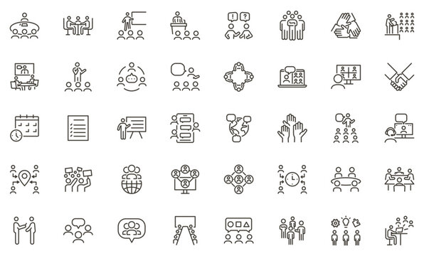 Meeting and collaboration thin line icon set. Teamwork and communication editable stroke graphic elements